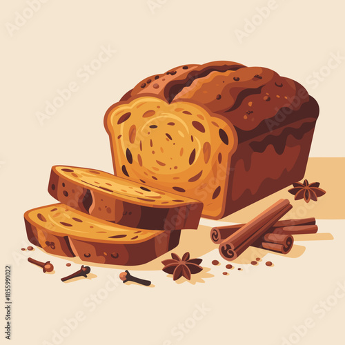 Vector illustration of pumpkin bread with spices and candied pumpkin pieces – Ideal for sophisticated food design, holiday menu art, or baking-focused advertisements.