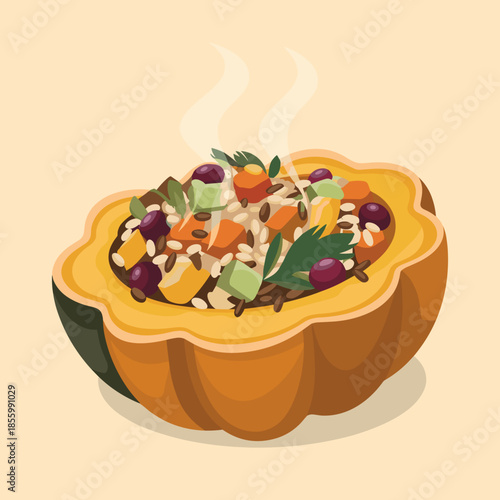 Modern vector illustration of stuffed squash with steam and rich autumn colors – Ideal for food packaging, clean recipe visuals, or seasonal harvest promotions.