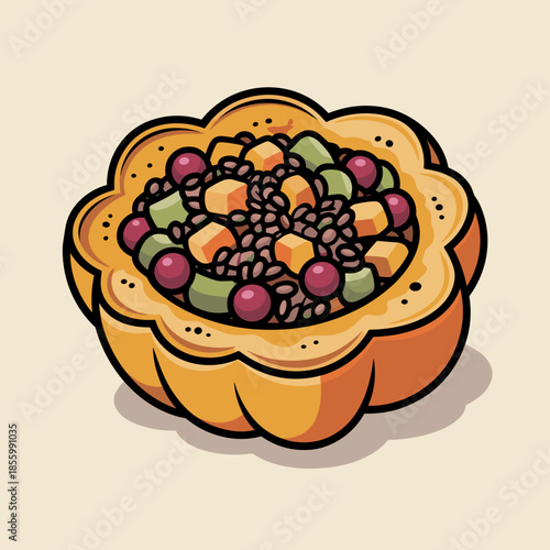 Vibrant vector illustration of stuffed acorn squash with cranberries and pecans – Suitable for Thanksgiving feast imagery, autumnal food graphics, or dinner party invitations.
