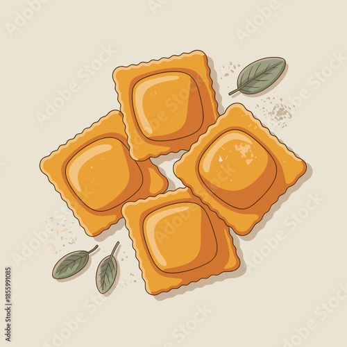 Pumpkin ravioli vector with sage leaves – Excellent for Italian restaurant menus, autumn cooking blogs, or Thanksgiving concepts.