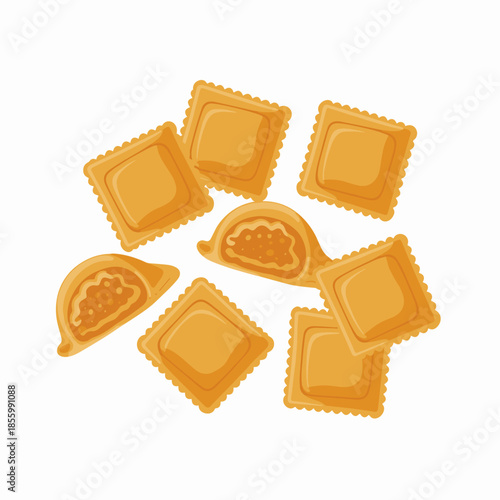 Golden pumpkin ravioli vector illustration – Great for fall culinary themes, food packaging design, or recipe graphics.