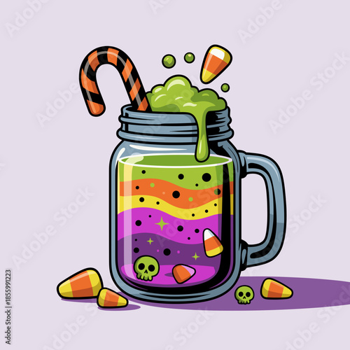 Neon layered Halloween drink illustration with candy garnishes – Great for spooky social media content, restaurant specials, or themed website banners.