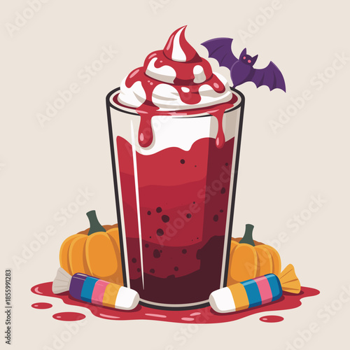 Vampire blood red smoothie vector with dramatic drips – Perfect for spooky drink promotions, Halloween party recipes, or horror-themed content.