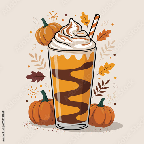Creamy pumpkin spice frappé in a tall glass vector art – Suitable for holiday-themed newsletters, seasonal email campaigns, or digital recipe books.