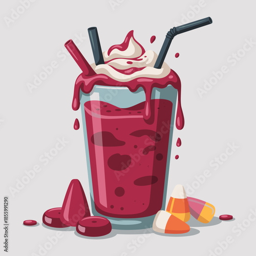 Dramatic vampire smoothie vector with fangs and candy accents – Great for edgy Halloween marketing, spooky food blogs, or novelty item designs.