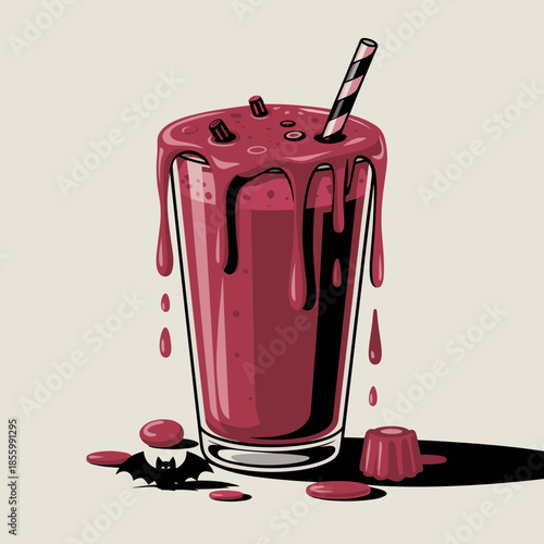Gothic-style red smoothie illustration with candy garnishes – Suitable for themed event promotions, unique merchandise, or dark aesthetic digital art.