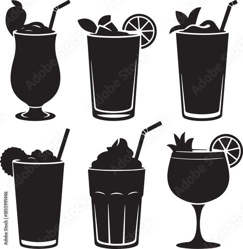 Assorted summer drink icons with garnishes isolated on transparent background
