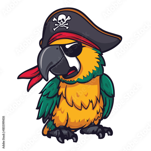 Vibrant vector illustration of a cute cartoon pirate parrot, sporting a classic buccaneer hat with skull emblem, eye patch, and red bandana, perfect for adventure concepts