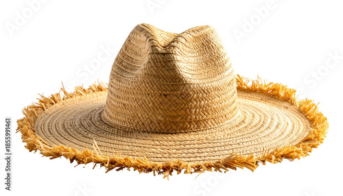 Woven sun hat with wide brim and frayed edge, isolated on a black background