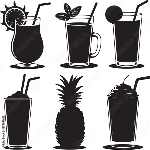 Collection of tropical drink icons with pineapple illustration