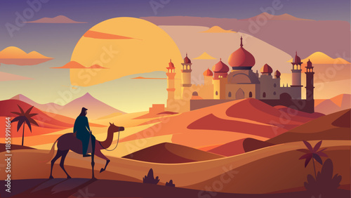 A tranquil desert journey with a camel rider approaching a majestic palace under a vibrant sunset