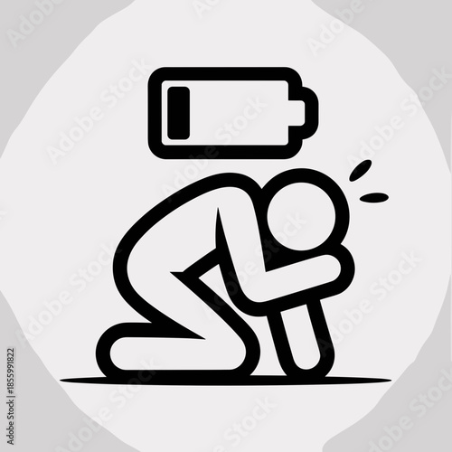 Line Art of Exhausted Person with Empty Battery Symbol Above Head