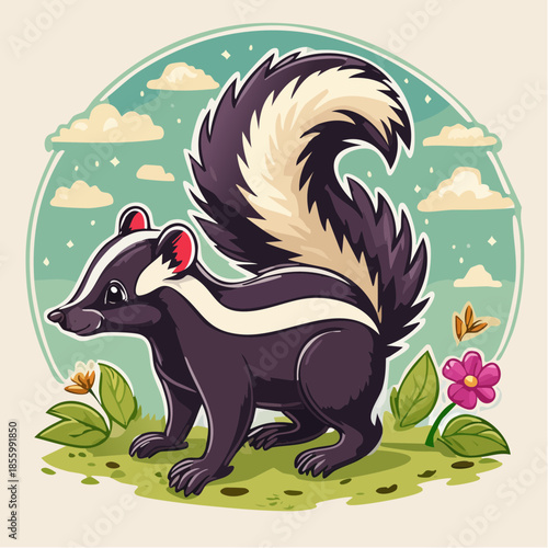 Cartoon skunk in meadow with flowers