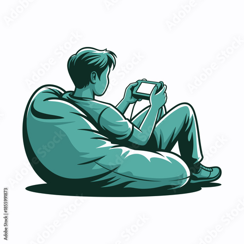 Man Plays Video Games Relaxing in a Beanbag Chair and Using a Handheld Console