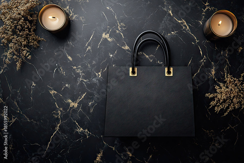 Elegant black bag on dark marble surface, luxury flat lay with candles and dried florals. Sophisticated color palette, refined styling, premium atmosphere, for fashion branding, gift concept, holidays