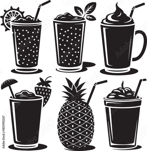 Assorted refreshing summer drinks and pineapple illustration set