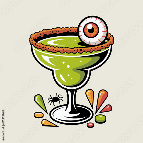 Vector of Halloween Margarita with Candy Eyeball Garnish and Salted Rim – Great for mixology blogs, restaurant seasonal specials, or party planning materials.