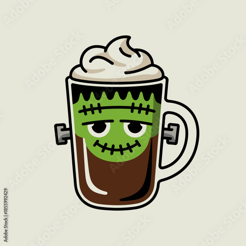 Vector of Frankenstein Mocha Coffee with Green Whipped Cream Face – Perfect for cafe promotions, novelty coffee art, or playful Halloween drink features.