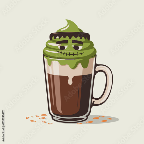 Vector of Halloween Frankenstein Mocha with Monster Face Whipped Cream – Great for coffee shop specials, spooky social media content, or fun seasonal menu designs.