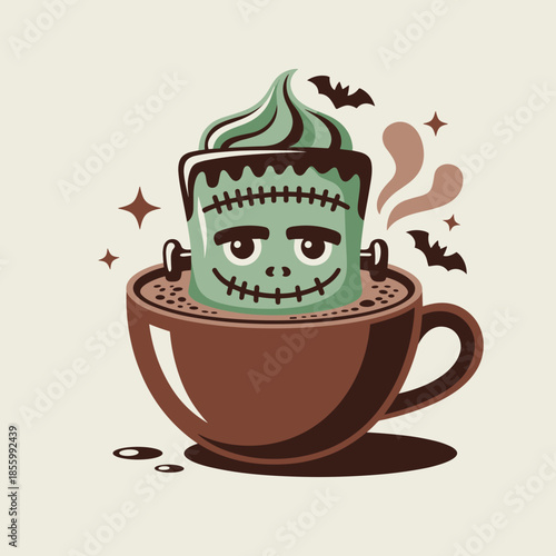 Vector of Whimsical Frankenstein Mocha Drink with Chocolate Details – Suitable for quirky advertising, food and beverage illustration, or fun October marketing.