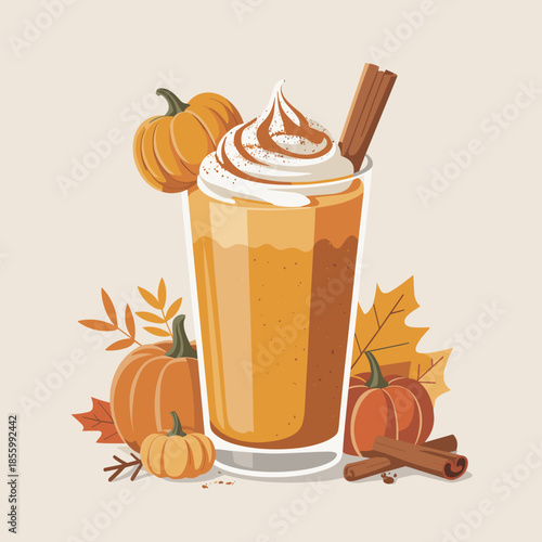 Vector of Pumpkin Pie Smoothie with Fall Spices and Autumn Leaves – Great for food and nutrition articles, Thanksgiving promotions, or fall flavor marketing.
