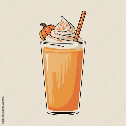 Vector of Pumpkin Pie Smoothie with Whipped Cream and Cinnamon – Perfect for healthy eating blogs, autumn cafe promotions, or seasonal recipe content.