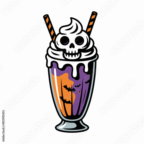 Vector illustration of Halloween milkshake topped with skull whipped cream – Perfect for holiday graphics, beverage promotions, or digital spooky art.