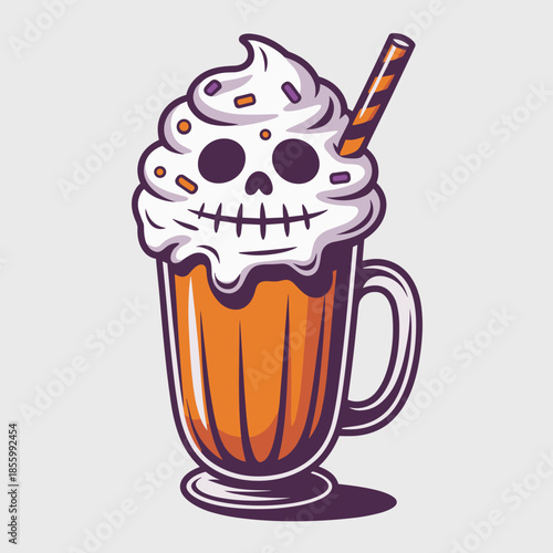 Skull-shaped whipped cream Halloween milkshake vector illustration – Ideal for seasonal menus, holiday party invitations, or spooky branding.