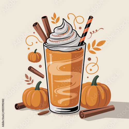 Vector of Vibrant Pumpkin Pie Smoothie with Festive Striped Straw – Ideal for health and fitness brands, seasonal drink posters, or fall recipe illustrations.