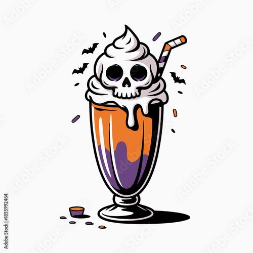Modern vector art of Halloween skull milkshake on a clean white background – Suitable for seasonal social media, food blogs, or vector asset libraries.