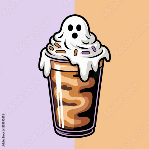 Spooky-cute ghost frappuccino vector with orange and purple sprinkles – Great for seasonal dessert graphics, coffee shop menus, or holiday social media.