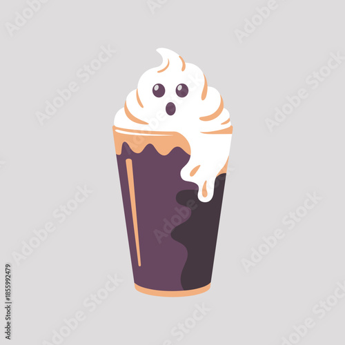 Minimalist vector illustration of ghostly frappuccino with purple-black coffee – Perfect for modern Halloween design, seasonal beverage assets, or flat art collections.