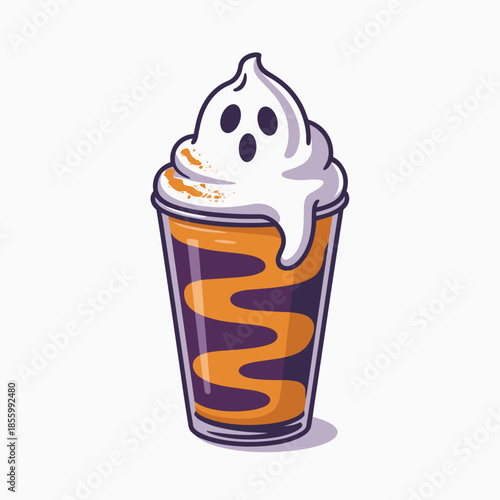 Cheerful vector art of ghostly frappuccino with layered orange and purple coffee – Suitable for seasonal drink campaigns, playful holiday advertisements, or vector pattern design.