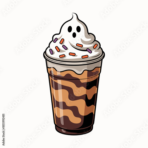 Ghostly whipped cream frappuccino vector illustration on a white background – Ideal for seasonal coffee promotions, playful Halloween art, or cafe branding.