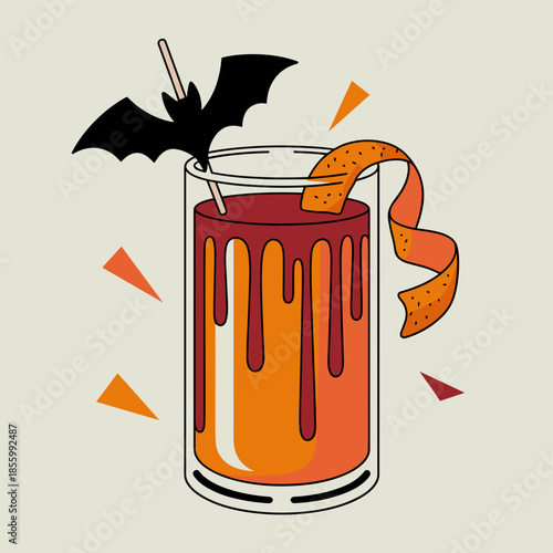 Elegant vector graphic of bloody orange Halloween mocktail with bat garnish – Great for seasonal cocktail recipes, mysterious party flyers, or themed menus.