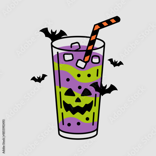 Spooky layered lemonade vector with jack-o'-lantern etched glass and bat silhouettes – Perfect for festive menus, Halloween party invitations, or detailed graphic design.