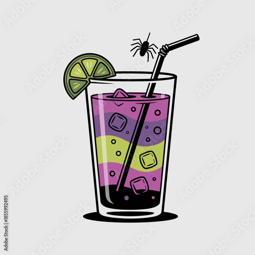 Clean vector art of layered purple and green Halloween iced lemonade with lime garnish – Suitable for seasonal drink branding, refreshing holiday content, or flat design assets.
