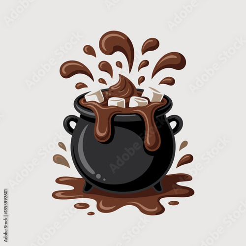 Cauldron Hot Chocolate with Marshmallows Vector – Excellent for seasonal recipes, Halloween menu designs, or festive vector illustration sets.