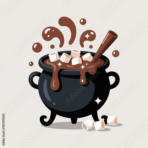 Magical Cauldron Hot Chocolate with Sparkles Vector – Suitable for fantasy-themed food content, Halloween event materials, or charming vector artwork.
