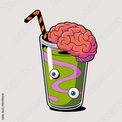 Brain Smoothie with Eyeballs Vector Illustration – Great for gruesome yet playful Halloween party menus, seasonal treats, or fun vector graphics.