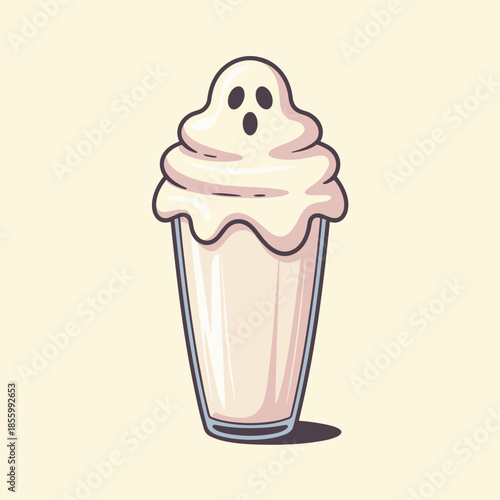Playful ghost milkshake vector in tall glass with friendly face – Great for cheerful Halloween content, seasonal treat advertising, or cute cartoon-style graphics.