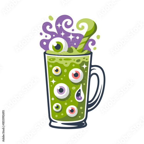 Vibrant witch's potion smoothie vector with floating candy eyeballs – Perfect for playful Halloween promotions, spooky sweet shop graphics, or children's party themes.