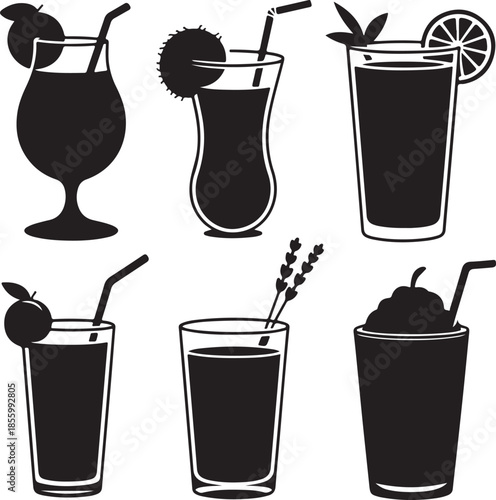 Assorted summer drink icons with garnishes isolated on transparent background