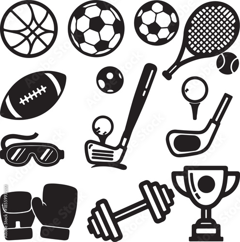 Sports equipment icon set with balls and gear in black vector style for web and design use