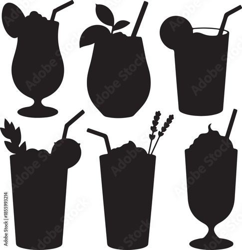Collection of refreshing drink silhouettes with straws and garnishes