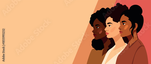 Vector horizontal banner with space for text for Women's Day, March 8. Women of different cultures and skin tones in profile. Gender equality, women's empowerment, unity. For social projects to women