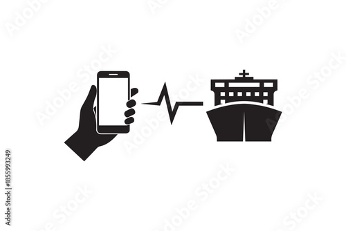 Digital ship tracking and vessel monitoring concept - Hand holding smartphone with marine signal line