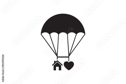 Parachute carrying house and heart silhouette icon - Home and life insurance protection concept illustration