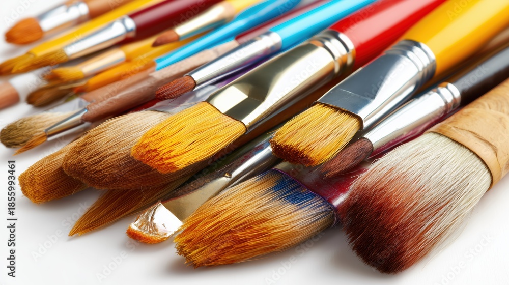 Fototapeta premium Close up of colorful artist paintbrushes arranged on white for creative hobbies.