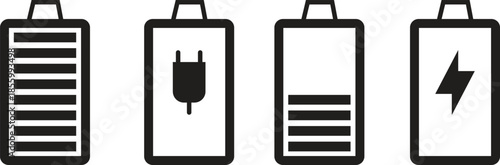 Set of four battery icons displaying different states including full charge, low battery, and charging